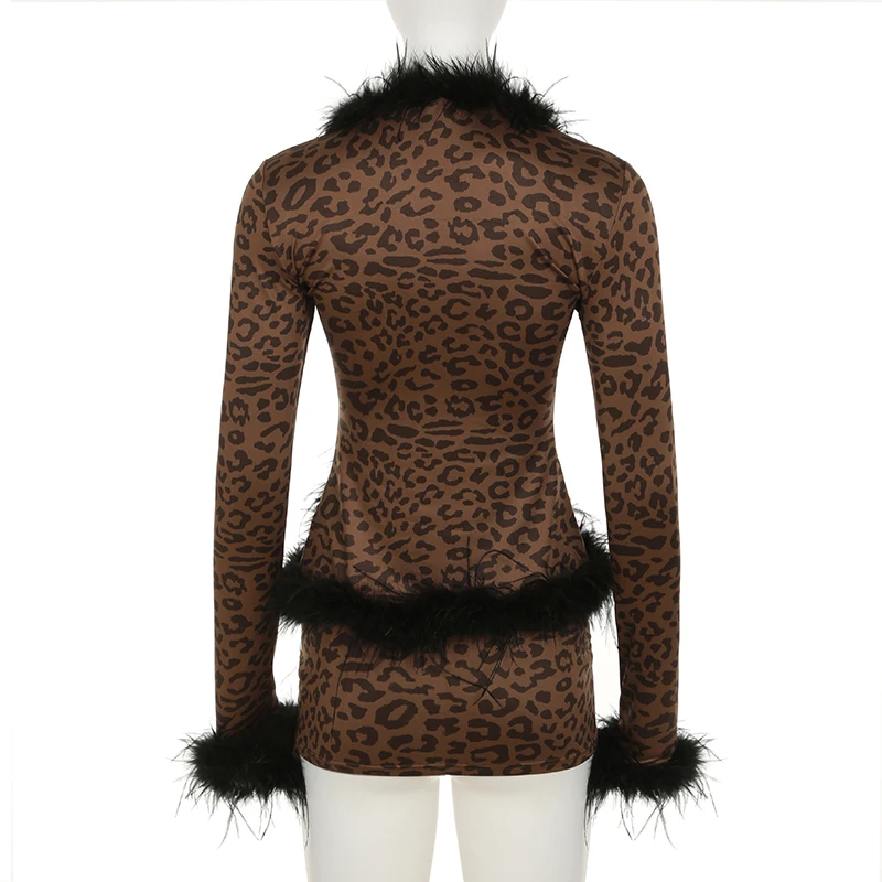 Biikpiik pele retalhos leopardo sexy saias conjuntos para senhoras moda clube conjuntos de duas peças outono inverno ternos magros festa meia-noite