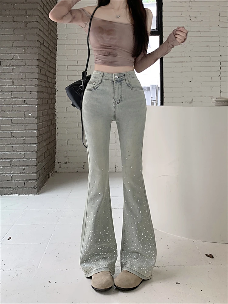 

Women's Retro Washed Rhinestone Bell-bottoms Jeans Cool Girl Chic Casual Wide-leg Pants Female Sexy Denim Micro Flared Trousers