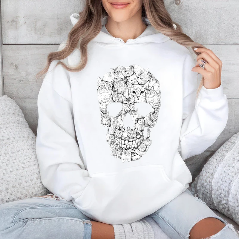 Cat Skull Printed Women's Autumn and Winter Hoodies Fleece Sweatshirt Loose Tops