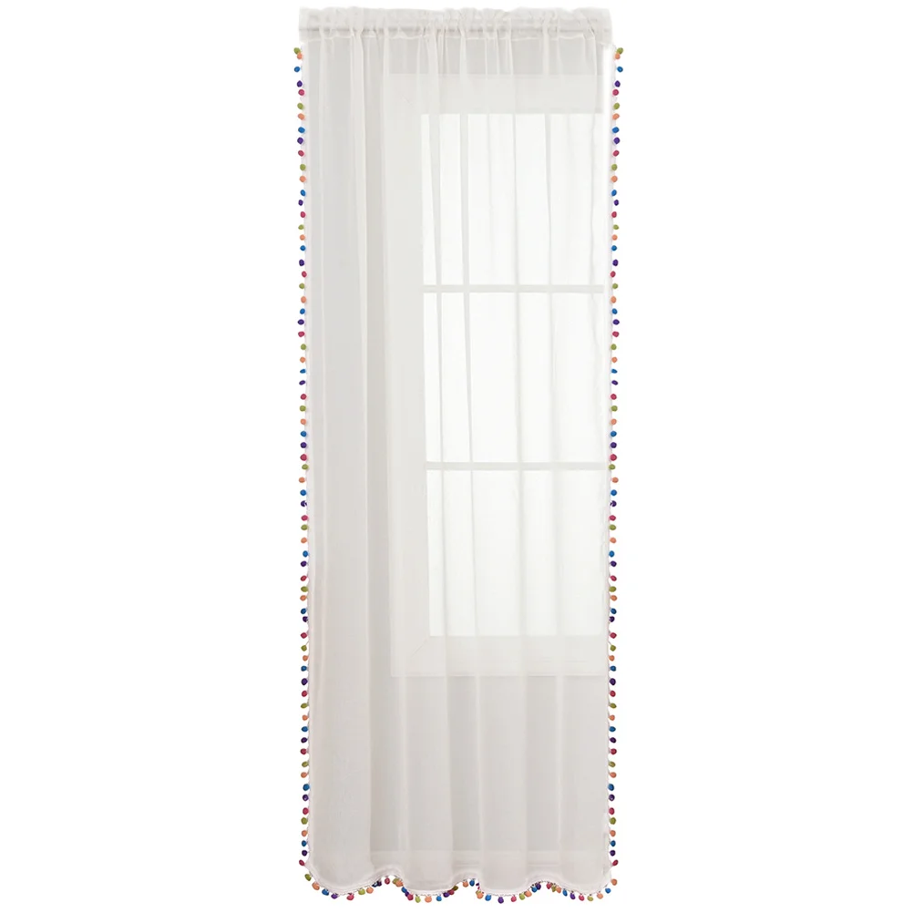

Short Kitchen Window Curtain Polyester Bedroom Decorative Pompom Trim Home Curtains Kitchen Short Curtain
