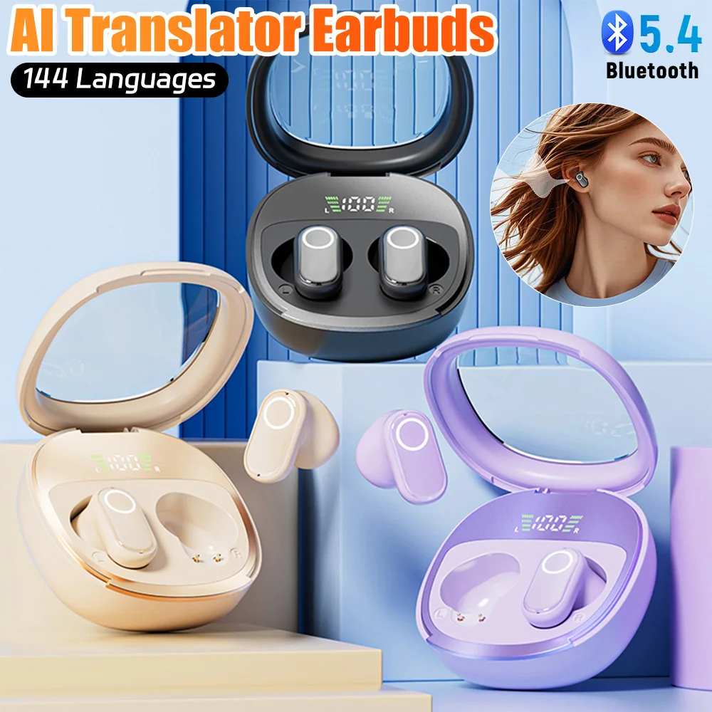 Wireless BT Translation Headphones Real Time AI Translator Earbuds 144 Languages Instant Translator Earphone for Travel Business