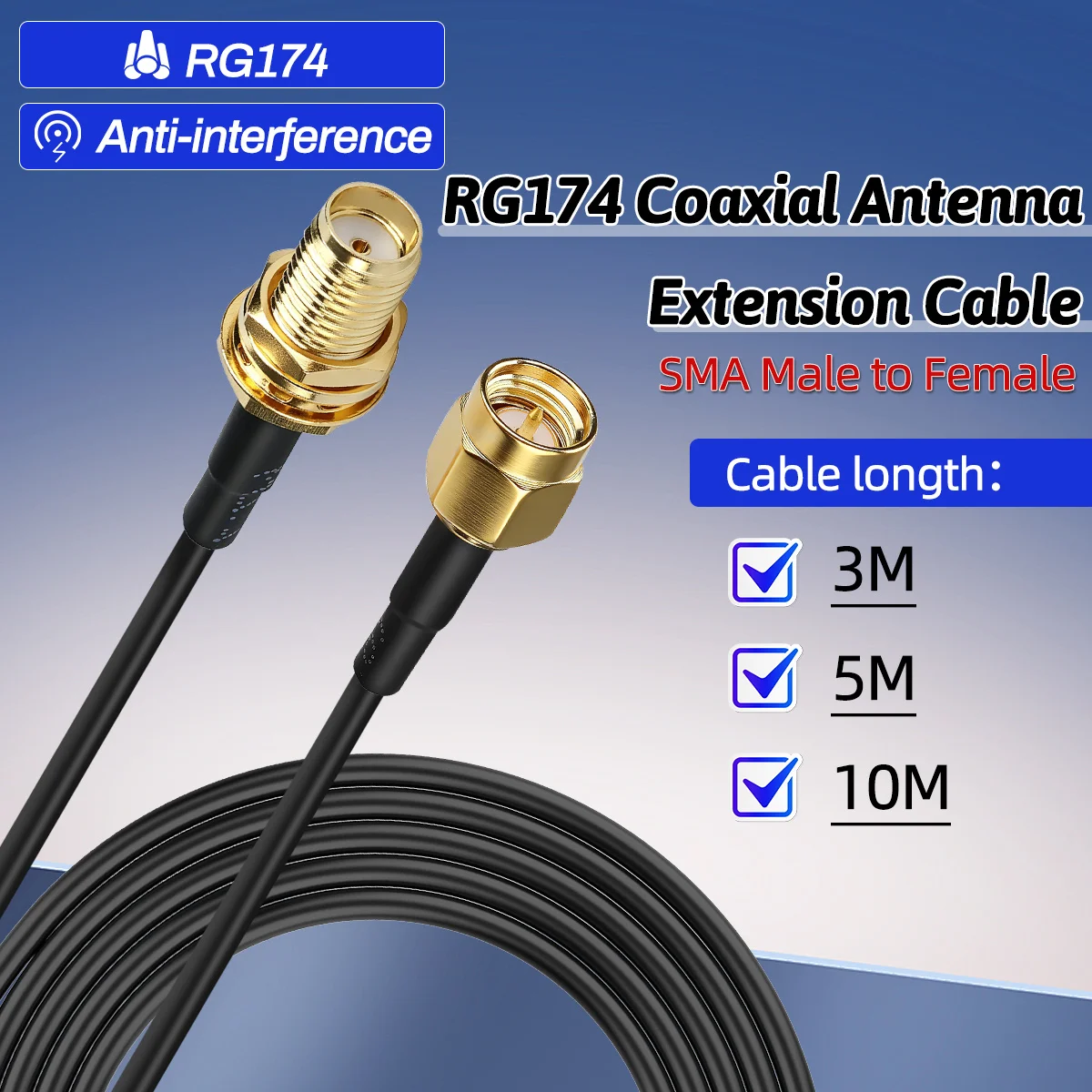 ABBREE Coaxial Extension Cable SMA Male to Female RG174 SMA Connectors 3M 5M 10M for WiFi Antenna or wireless communication