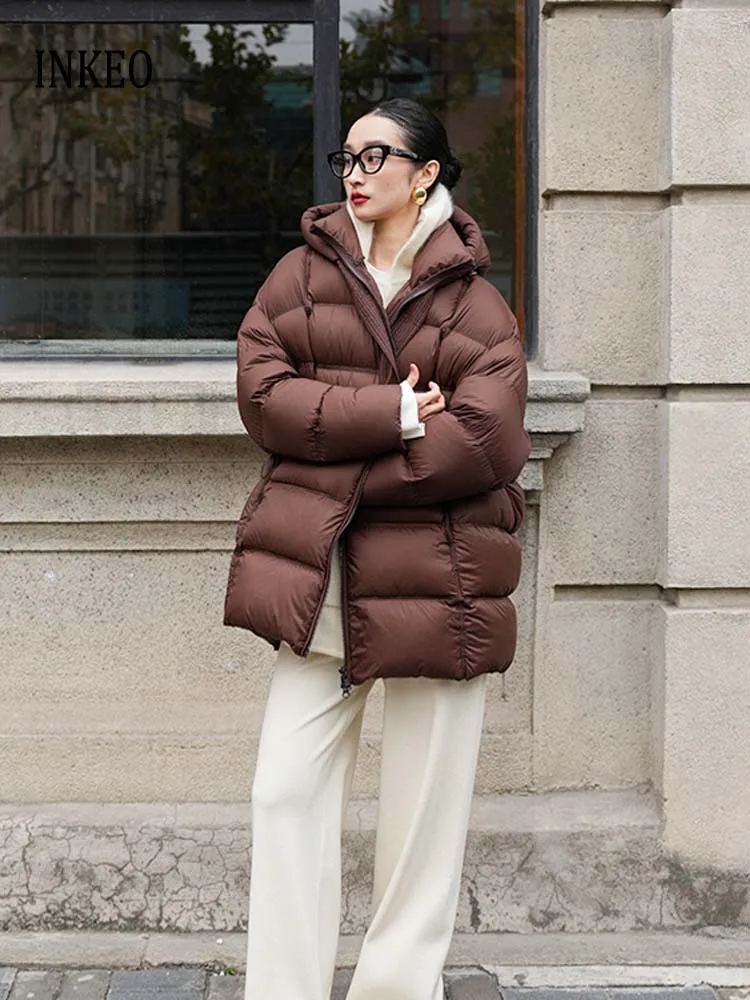 

Роскошный толстый теплый белый утиный пуховик с капюшоном, женская зимняя мода 2025 года, пуховое пальто средней длины большого размера INKEO DJ526