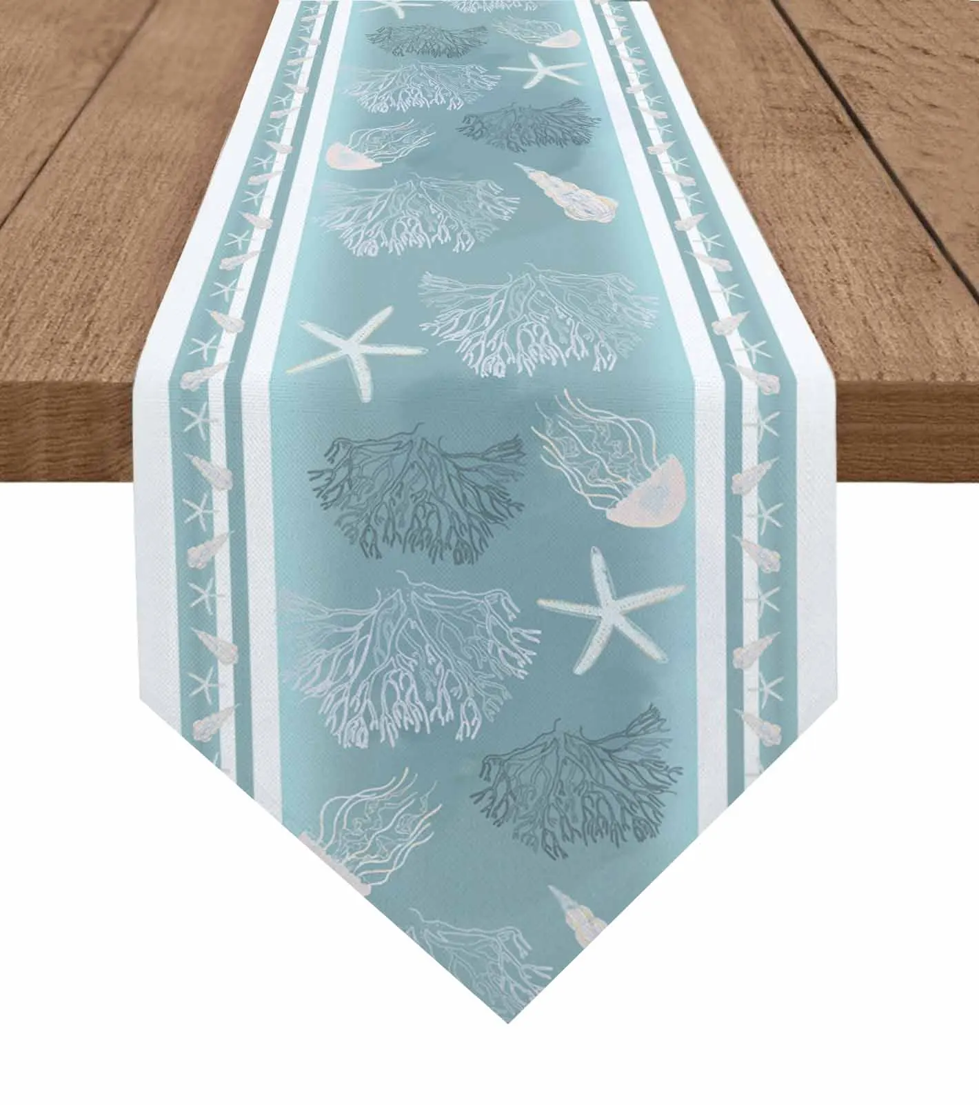 Ocean Shell Starfish Coral Table Runner Holiday Party Tablecloth Kitchen Dining Table Runners Wedding Decorations