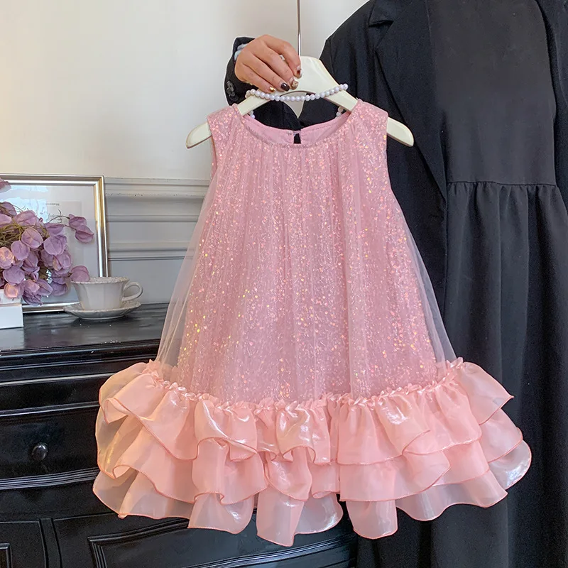 Girls Princess Dress Summer 2026 New Children Light Luxury High-end Dress Girls Mesh Vest Dress