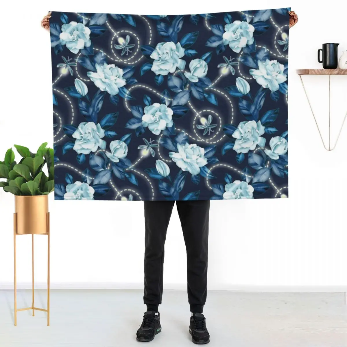 Midnight Sparkles - Gardenias and Fireflies in Sapphire Blue Throw Blanket Warm Cozy Throw Blanket for Living Room Couch