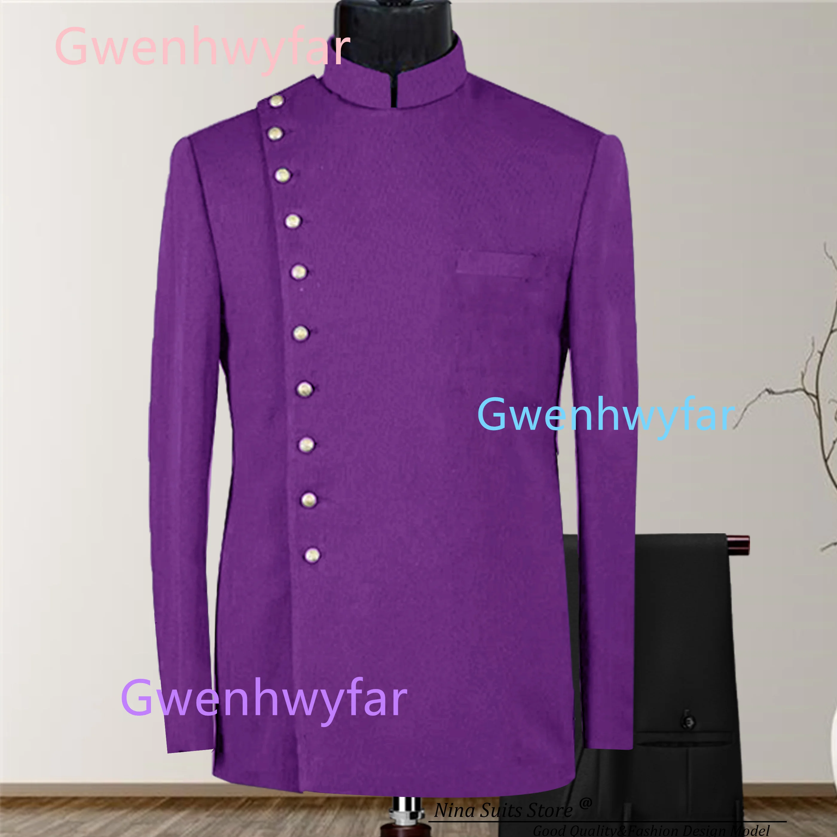 

G & N мужской костюм из 2 предметов, однобортный пиджак с 10 пуговицами, комплект брюк в африканском стиле, фиолетовый, черный наряд для вечеринки, свадебные смокинги