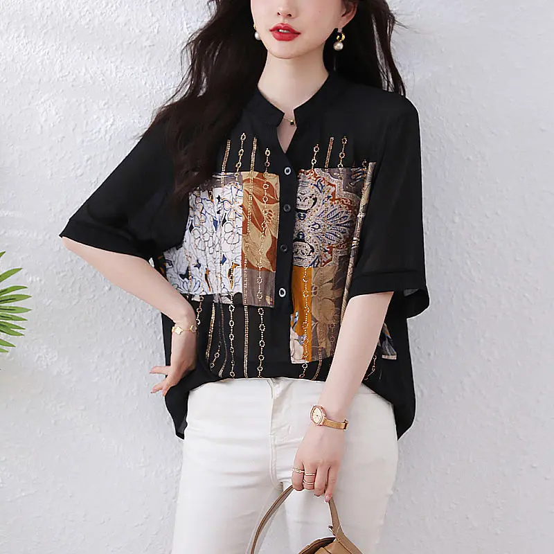 Summer Women\'s Pullover Round Neck Asymmetrical Bright Silk Button Chiffon Printed Geometric Pattern Casual Loose Elegant Tops