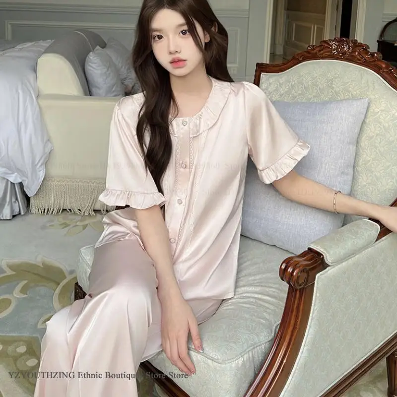 

New Ice Silk Pijama Mujer Young Girl Nightwear Pajamas Set Outfit Sweet French Style Sleepwear Pyjama Summer Homewear Loungewear
