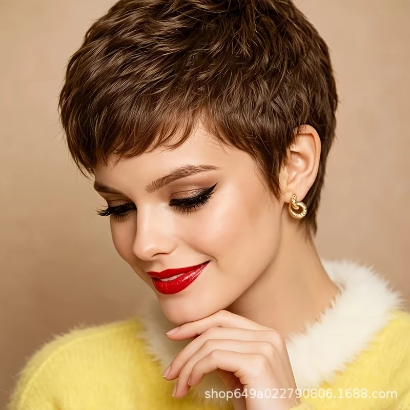 Brown women's wig bangs - 4inch Simulated short hair with layered straight style