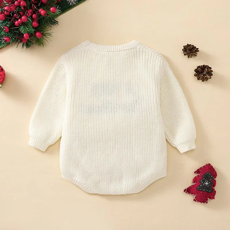 Baby Christmas Sweater Romper Letter Embroidery Long Sleeve Crew Neck Knit Bubble Jumpsuit