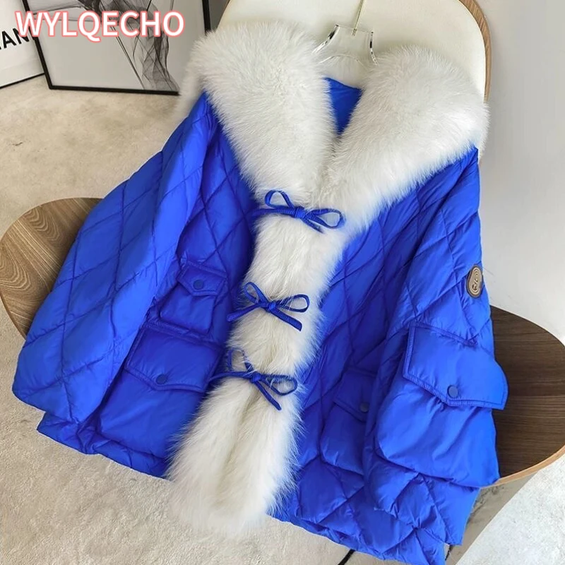 Jaqueta puffer fofa para mulheres, casaco de luxo grande, gola de pele de raposa falsa, pena solta, parka feminina, outwear de neve, à prova de vento, inverno, 2023