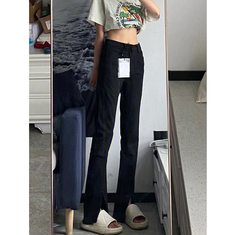 กางเกงยีนส์ทรงตรงเอวสูงสำหรับผู้หญิง ฤดูใบไม้ผลิ ทรงสลิม ชิค กางเกงขายาวแฟชั่น ไซส์พลัส