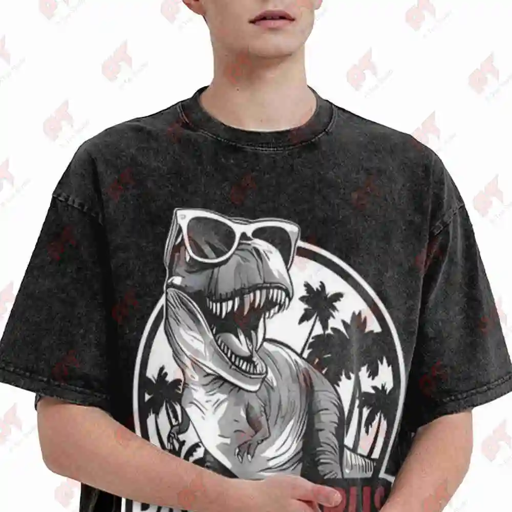 Papa Saurus Dinosaur Palm Tree Vintage Washed Tee Pure Cotton T-Shirt