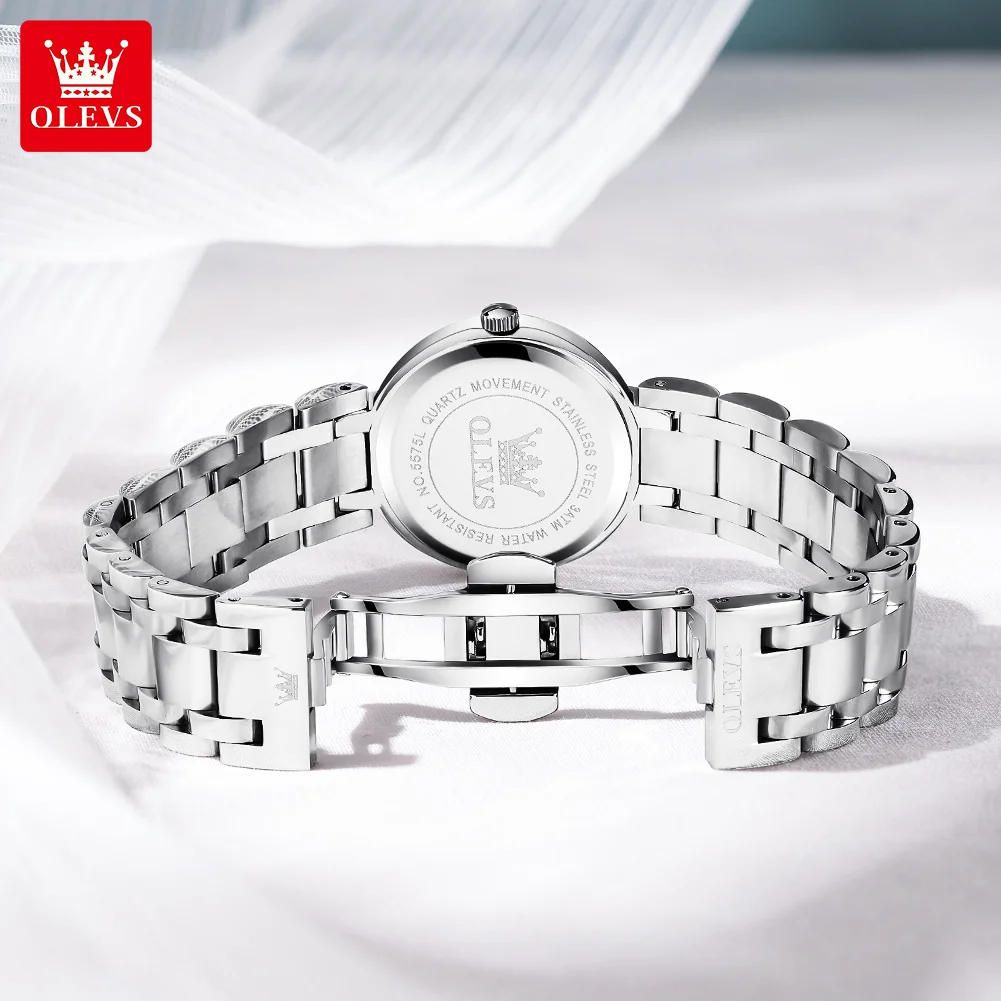 OLEVS 5575 브랜드 여성용 쿼츠 손목시계, 우아한 다이아몬드 다이얼, 달력, 스테인레스 스틸 스트랩, 방수 캐주얼 숙녀 시계