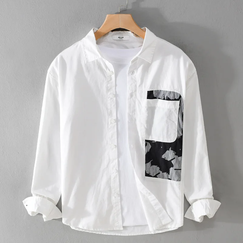 

Trendy Personalized Patchwork Casual Long Sve Cotton irt Men's Versatile Artistic Youth Collar Loose Fit Outerwear