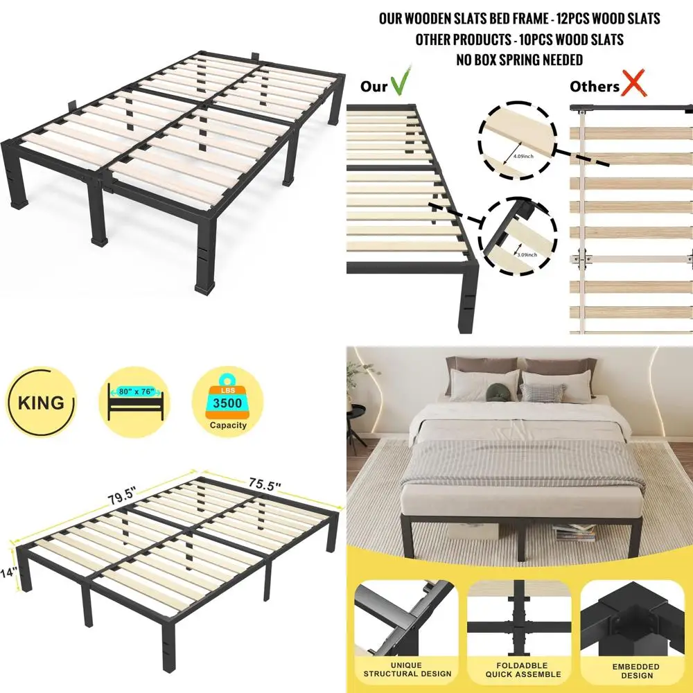 

14 Inch Solid Wood King Size Bed Frame with Wooden Slats - Supports Up to 3500lbs, No Box Spring Required, Metal Mattress Retain