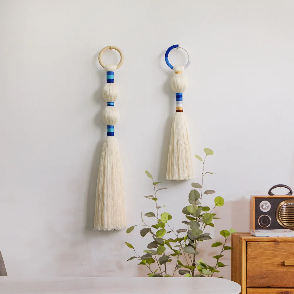 Nordic Long Tassel Wall Hanging Handmade Woven Tapestry Pom Pom Fringe Door Handle Decor for Living Room Bedroom view 4