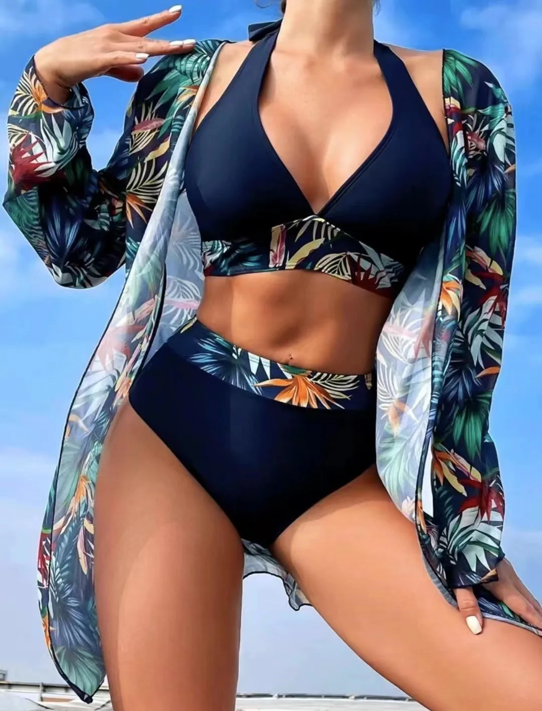 

2023 New Women's Tee-Piece Bikini Swimsuit Set with Outer Covering Cross-Border Sportswear Fitn Fans Supplies