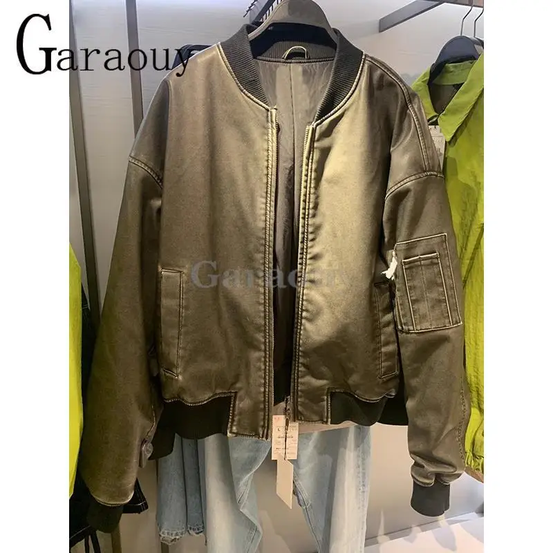 Garaouy 2023 Autumn Winter Men Vintage Faux Leather Bomber Jacket Male Casual Loose PU Stand Neck Zip Coats Street Outwear Chic