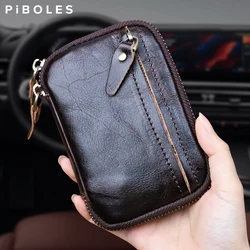 Retro Genuine Leather Key Wallet Men Portable Storage Car Keychain Chain Cover Zipper Housekeeper Keys Holder Bag Card Organizer