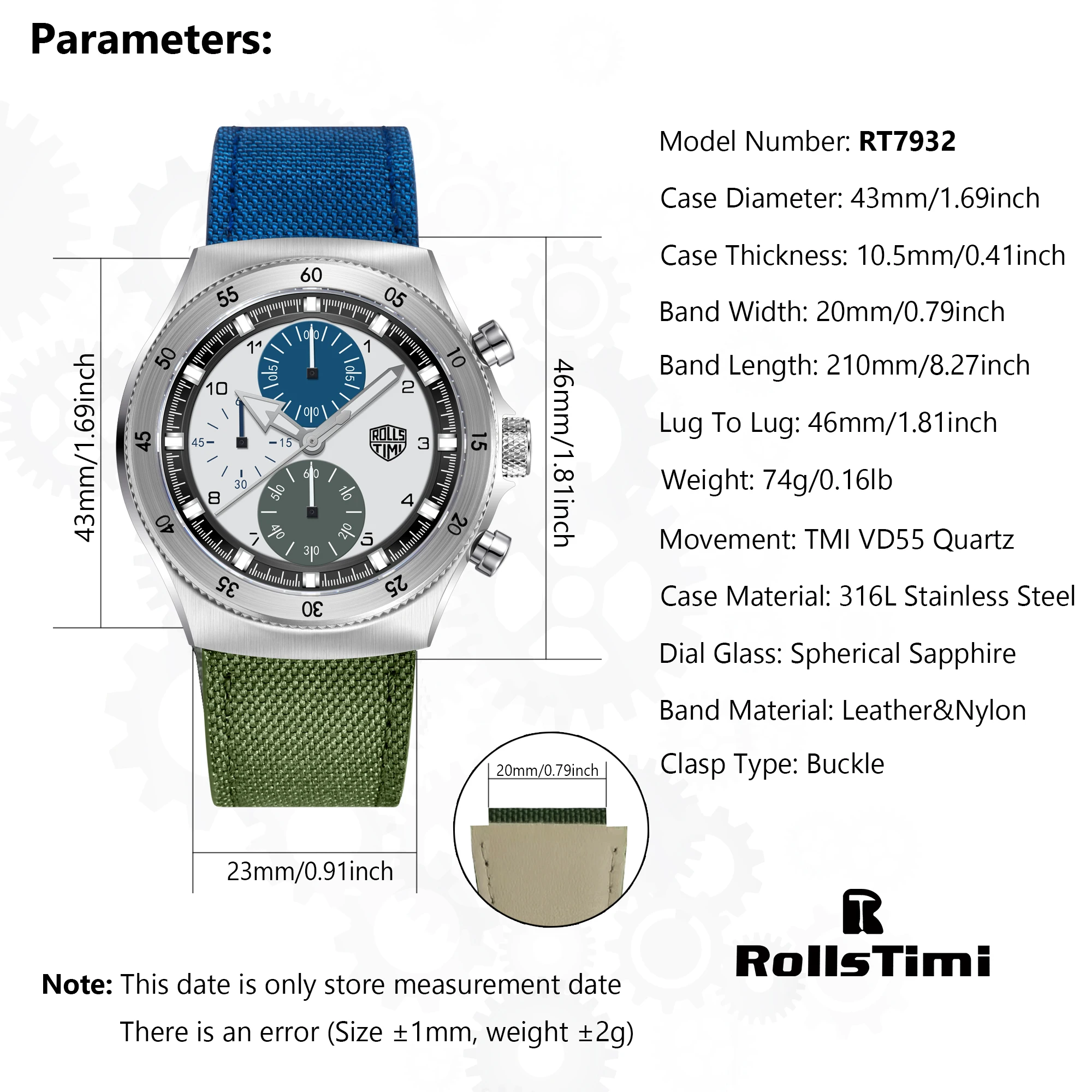 RollsTimi 2025 Orologio al quarzo da uomo 43mm Moda quotidiana Stile casual Cinturino in pelle Cronografo impermeabile luminoso in acciaio inossidabile