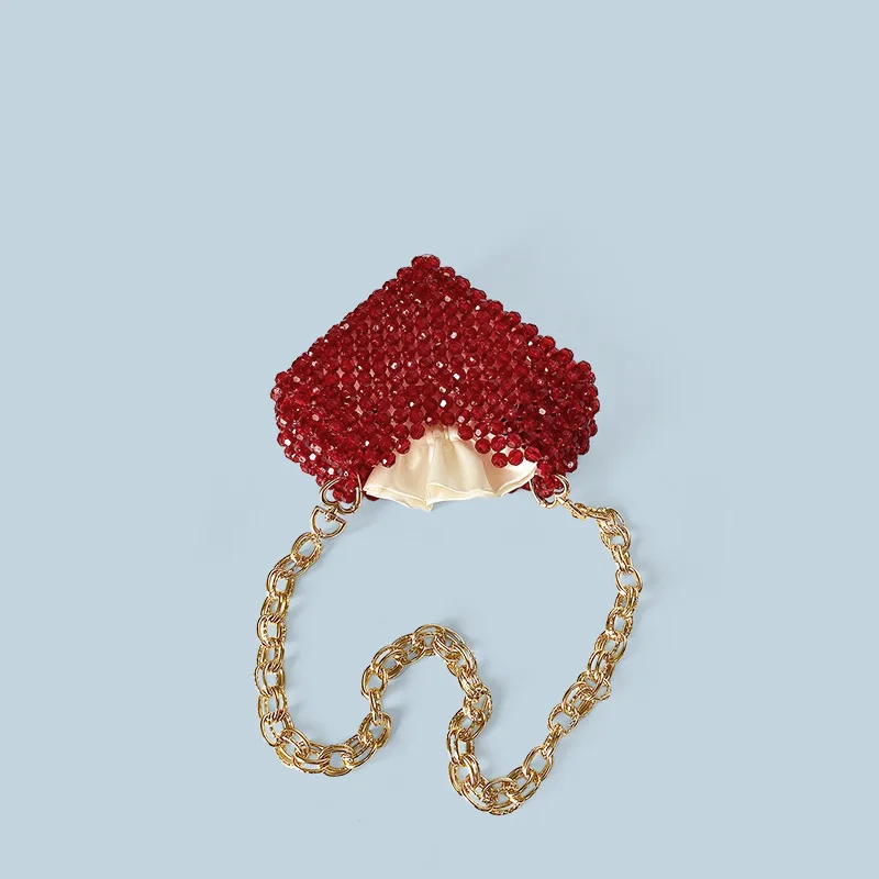 Fashion Red Heart Shape Beaded Bag Mini Handmade Acrylic Bead Gold Chain Shoulder Bag Female Evening Bag Wedding Party Clutches