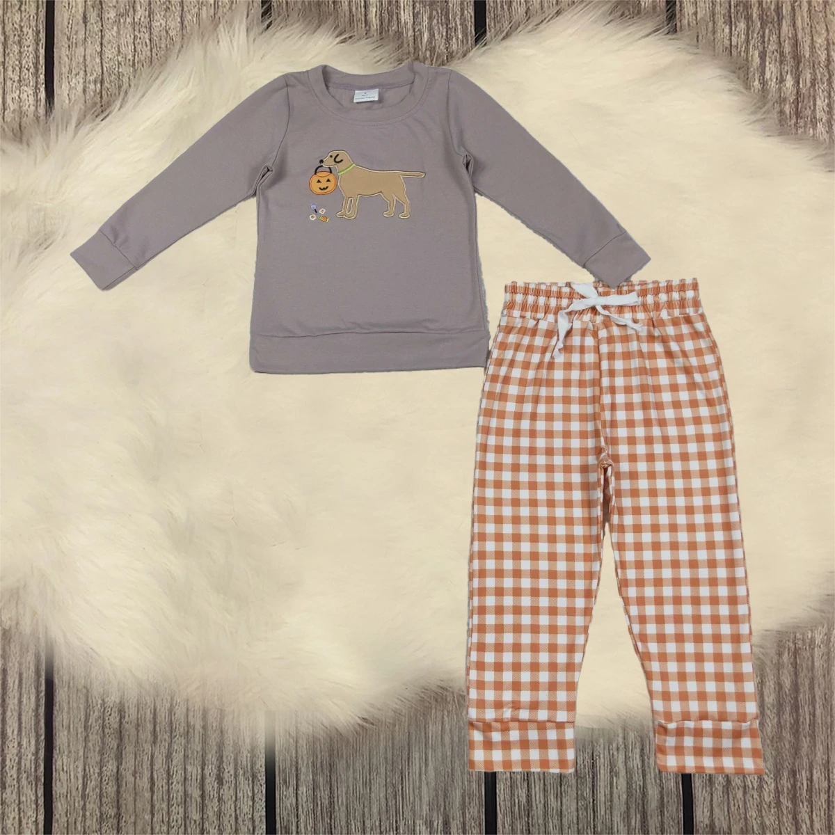 Kids baby boy Halloween outfit with pumpkin embroidery and plaid pants