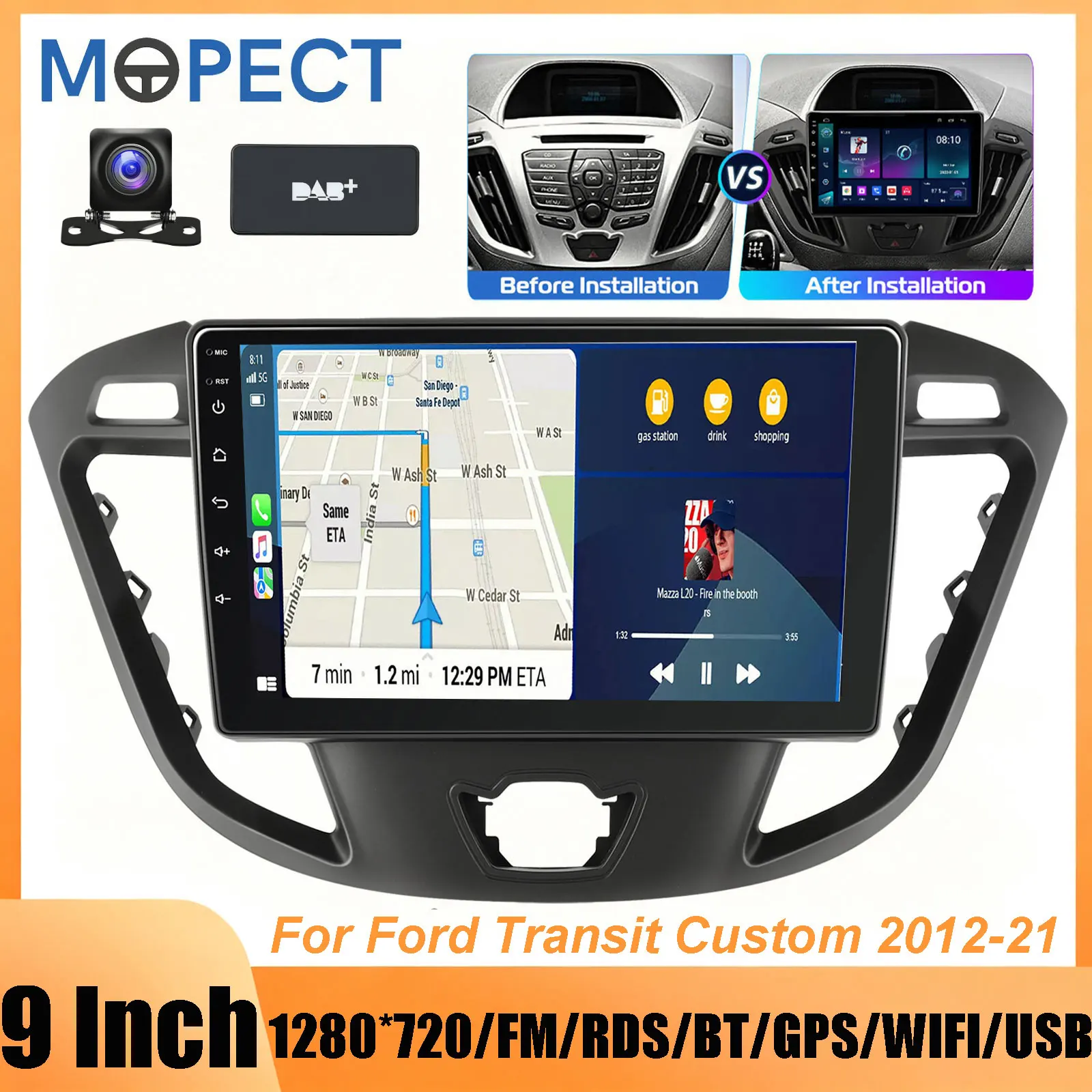 MOPECT 9 Zoll Android 15/16 64G/128G Autoradio Multimedia-Player für Ford Transit Custom 2012-2021, kabelloses Carplay, Android Auto, Doppel-DIN-Autoradio, Touchscreen, Mirror Link, WiFi, GPS, NAVI,