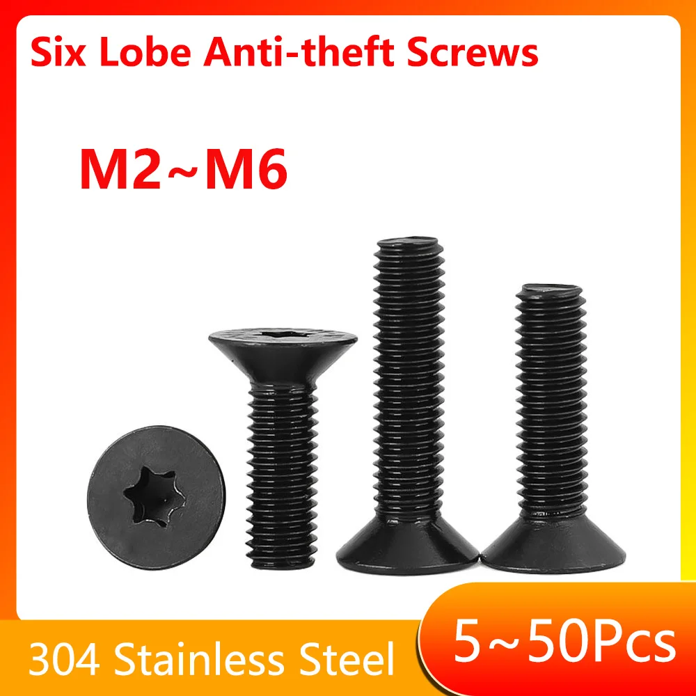 M2~M6 304 Stainless Steel Bolt DIY Zinc Plated Countersunk Six Lobe Anti-theft Screws Flat Head Six Lobe Screws Furniture screws