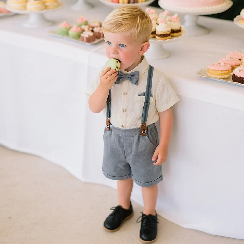 Toddler Boys Gentleman Kids Summer Outfit Short Sleeve Shirt Suspender Shorts 2pcs Set Formal Costume Birthday Wedding Party