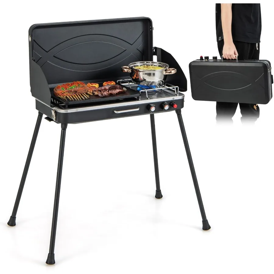 เตาปิ้งย่างพกพา HAPPYGRILL แบบ 2 หัวเตา ใช้แก๊สโพรเพน พร้อมขาตั้งแบบถอดได้ ปุ่มควบคุมคู่ ป้องกันลม