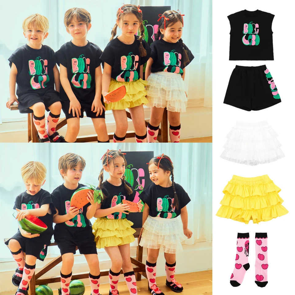 

New 2024 Bebe Summer Girls Dress Mother Kids Clothes Girls Outfits Set Girl Short Sets Children Boys Cute Cotton T Shirt Socks