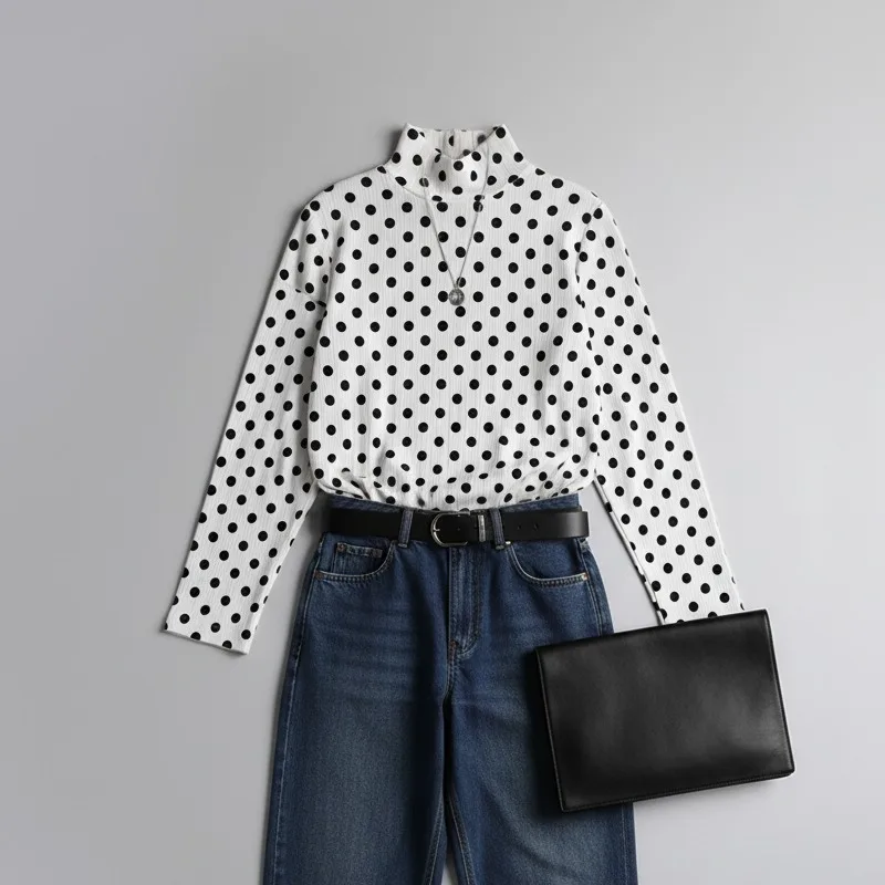 

Классическая женская футболка Krisnanas с высоким воротником в горошек, мода 2025, свободный крой, базовые пуловеры с длинными рукавами, топы и футболки 184422