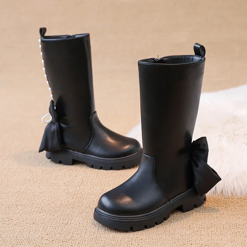 Botas elegantes de moda negras para niñas, botas de nieve de retazos para niños, dulce lazo, versátiles, botas altas de pasarela de princesa para niños