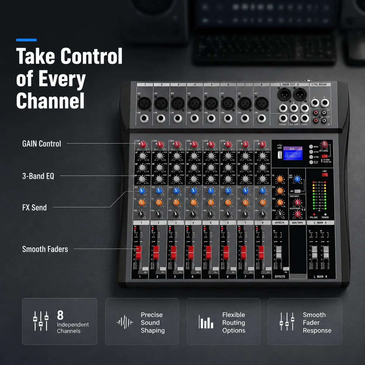 NXG 8-Channel Professional Audio Mixer with USB Playback, 3-Band EQ, FX Send, 48V Phantom Power for Live Sound, Studio Recording, Podcasting & Streaming