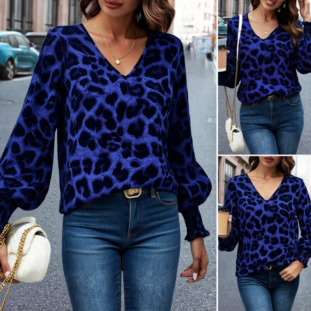 

Womens Autumn Blouse Leopard Pattern Slim Silhouette V-Neck Long Sleeve Ruffle Cuff Stretch Material Street Style
