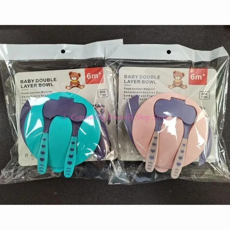 85AE Perlengkapan Menyapih Bayi Set Makan Bayi Sendok Piring Mangkuk Hisap Silikon