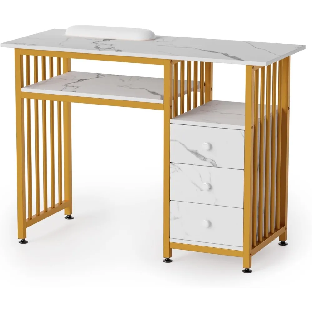 

Manicure Table Nail Desk for Nail Tech, Marbling Texture Beauty Spa Salon Station, Acetone Resistant Workstation with Wrist Rest