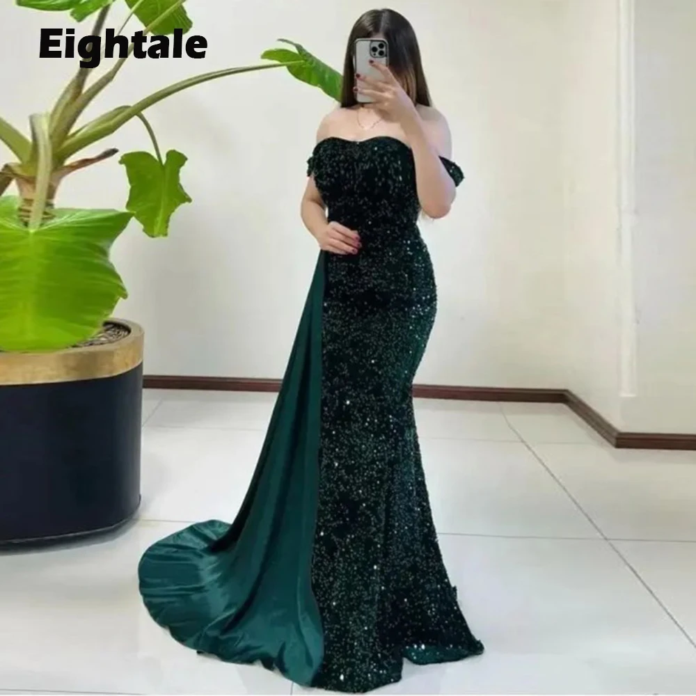 

Eightale Formal Occasion Evening Dresses for Wedding Party Sequined Mermaid Floor Length Off Shoulder Sparkly Arabic Prom Gowns