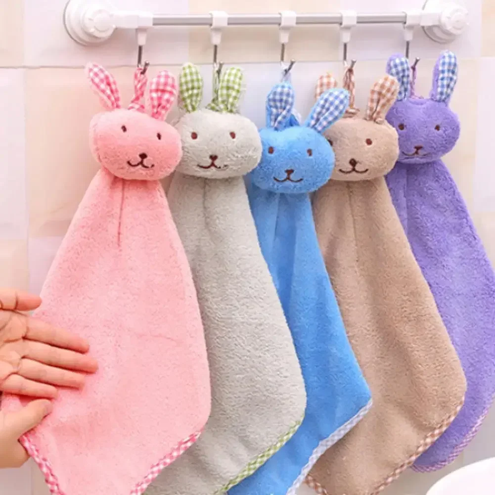 Skin-friendly Baby Hand Towel Cartoon Cute Animal Rabbit Plush Kitchen Soft Hanging Bathing Towel for Children Bathroom Kitchen