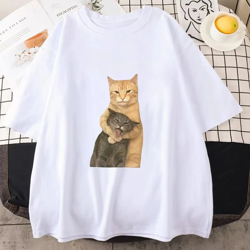 Street Hip Hop Funny Hug Cat Pattern Printed Y2K Shirt Street Style Summer New Neutral Casual T-shirt Round Neck Men Women Tees