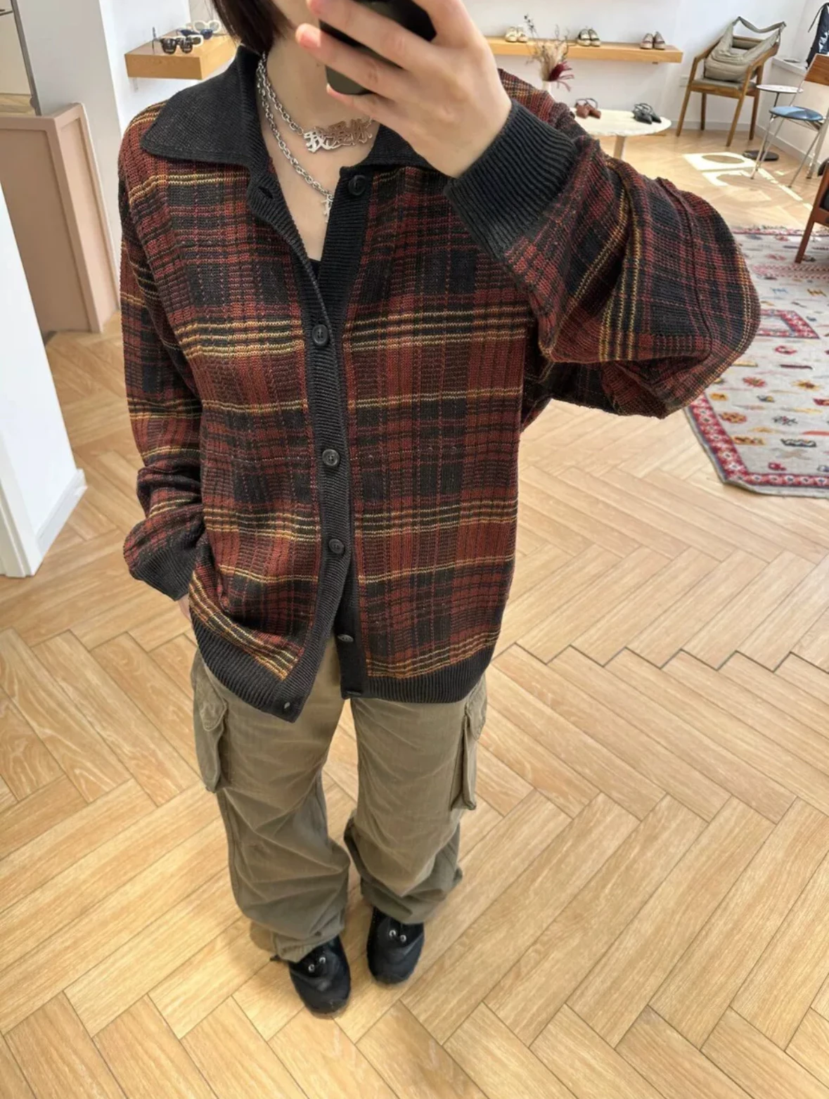 Our Legacy American vintage Hemp Plaid Knitted Casual Loose Maillard Color Series Cardigan Stripe Outerwear