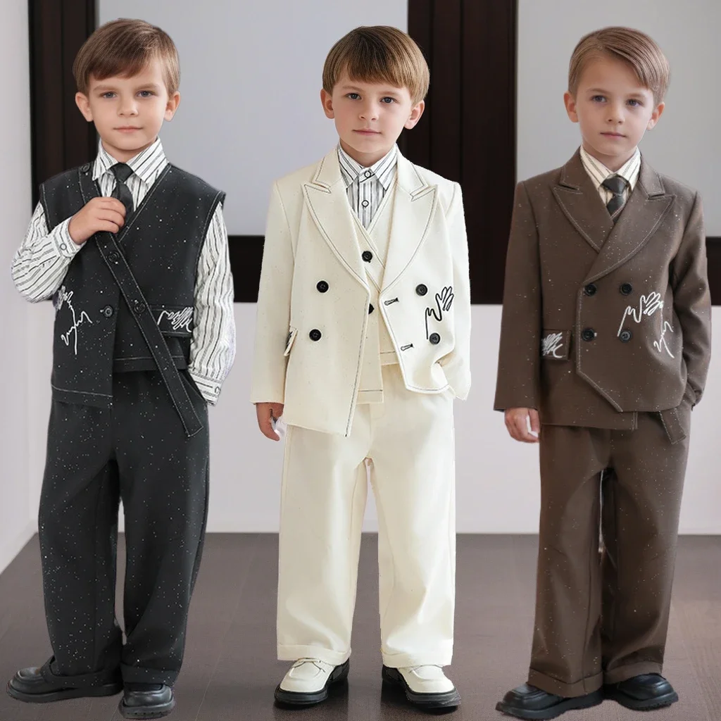

Kids Suit Set Vintage Star-Embroidered Flower Boy Wedding Birthday Party Tuxedo Formal Boys Piano Host Performance Costume 10 Y