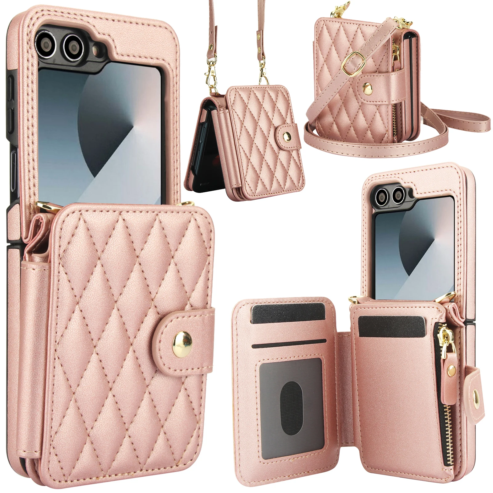 Skórzane etui na karty z zamkiem błyskawicznym do Samsung Galaxy Z Flip 7 FE 6 5 4 Grid Pattern Flip6 Flip5 Long Lanyard Cover — zdjęcie produktu 6