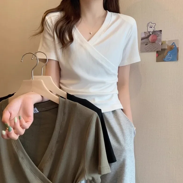Women's V-Neck Short Sleeve T-Shirt Summer Slimming Design Belly Concealing Fashionable Versatile Korean Style Top