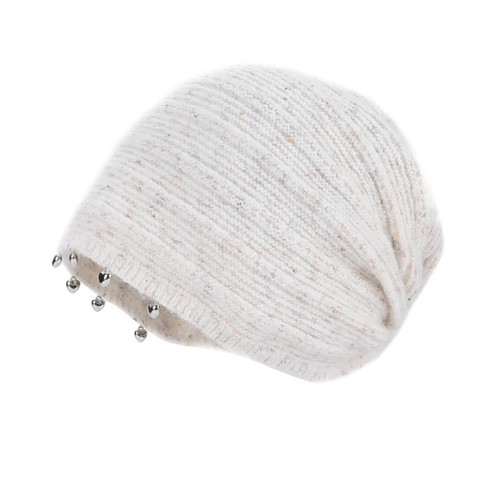Soft Slouchy Beanie Hat Metal Pendant Detail Hand-Beaded Design Knit Hat Ribbed Cuff Thickened Knitted Slouchy Hat