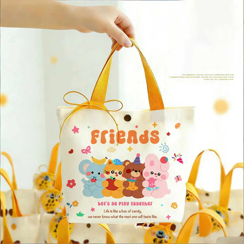 Cute Animal Canvas Lunch Bag Portable Bento Food Container Tote Casual Flower Printed Small Handbag for Work School Picnic
