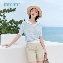 INMAN Women Knitwear 2023 Summer Puff Sleeve Sailor Collar Loose T-shirt Hollow Colorful Stripes Casual Chic Tops