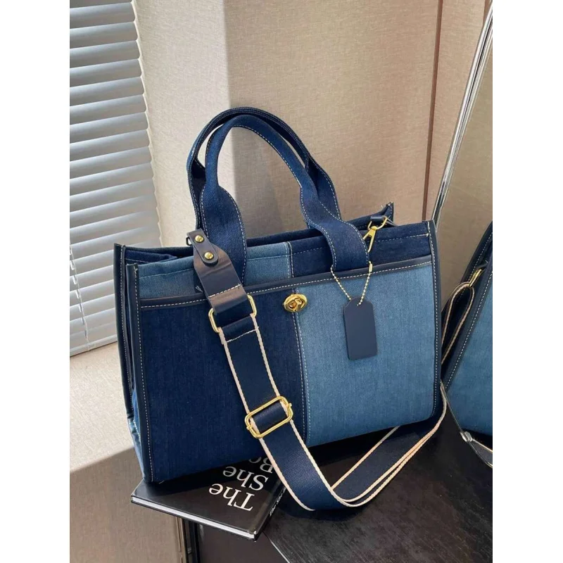 

Elegant Color Block Canvas Wide Strap Women's Tote Bag, Large Capacity Fashionable , Casual Versatile Handbag, Art